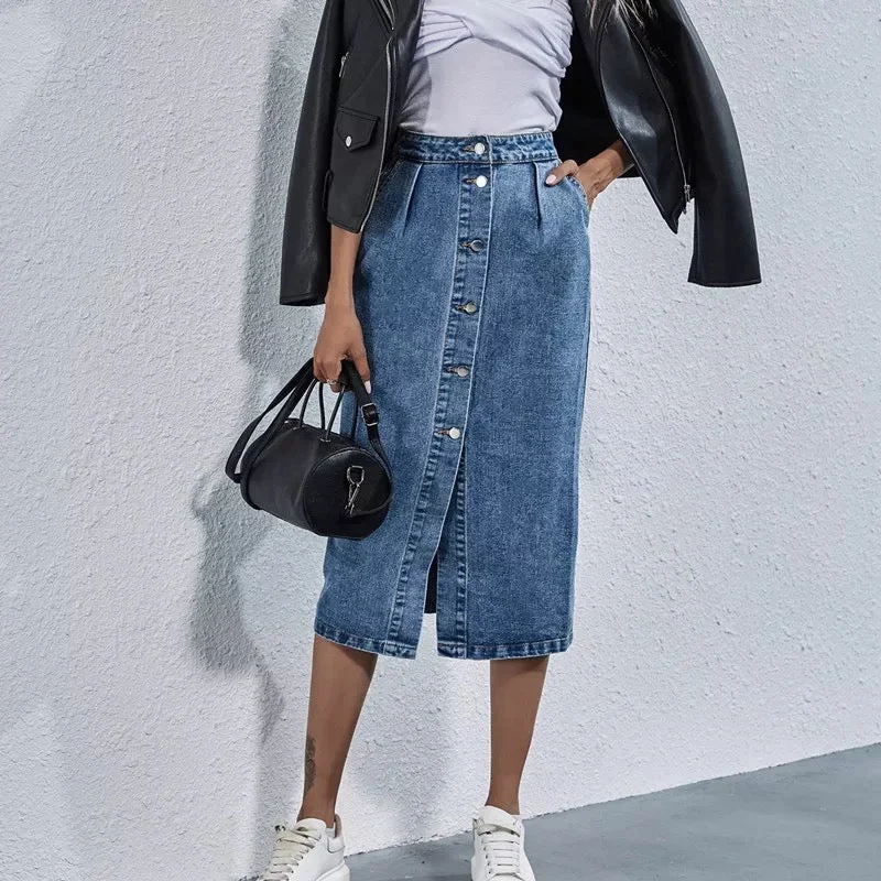 Single Breasted Knee Length Denim Skirt