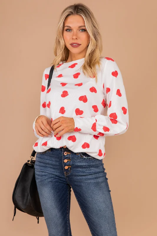 Great Hearts Think Alike Ivory White Heart Print Top