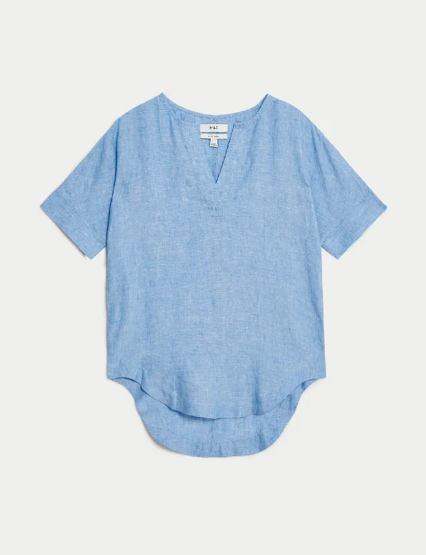 Pure Linen V-Neck Popover Blouse