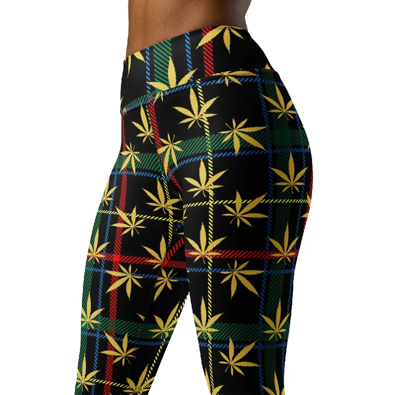 Gold Cannabis Leaf Plaid Yoga Leggings