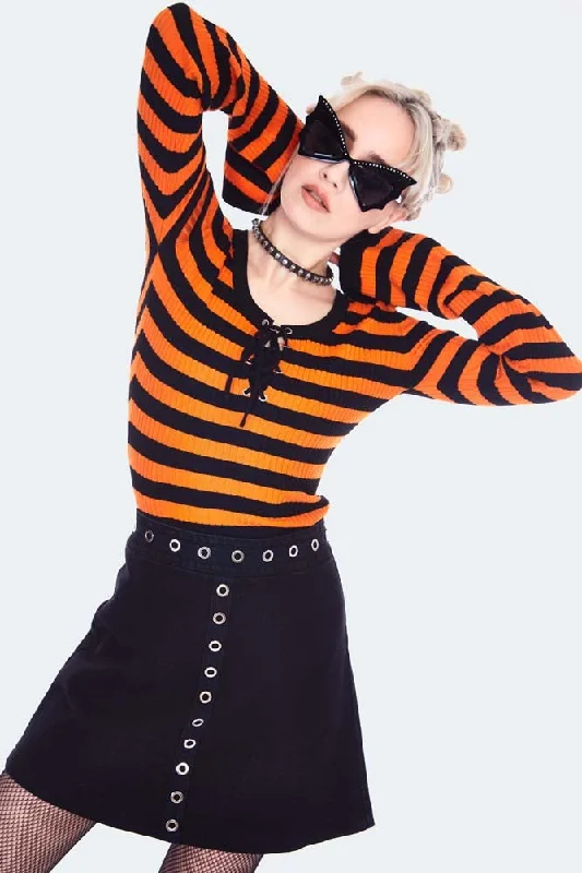 Orange Stripe Knitted Top With Front Tie