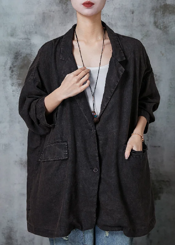 Vintage Black Oversized Pockets Linen Jackets Spring