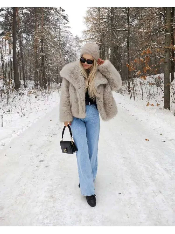 Fluffy Fake Fur Lapel Long Sleeve Short Coats