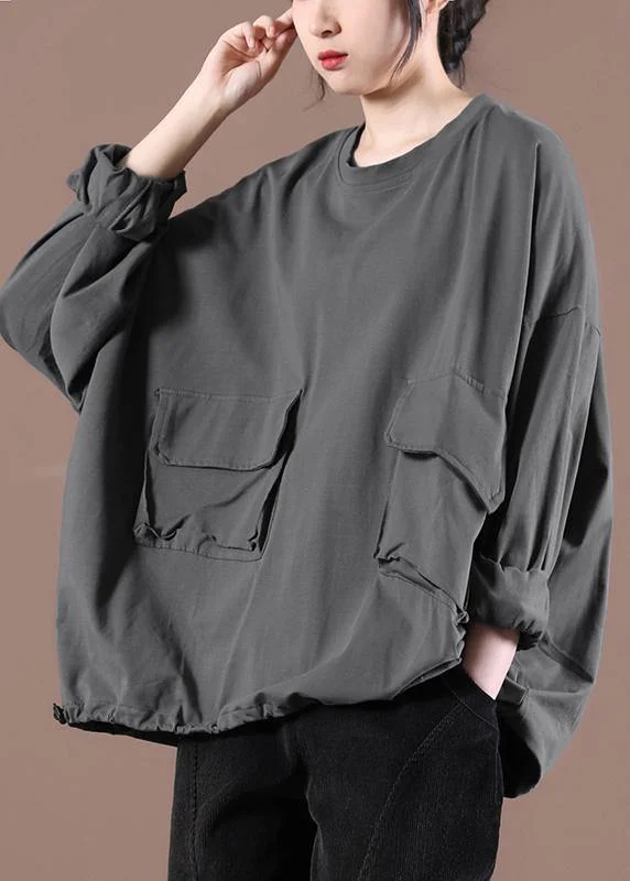 Elegant Gray Cinched Pockets Loose Sweatshirts Top