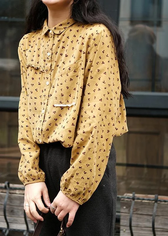 Diy Yellow Print Top Lapel Patchwork Baggy Spring Blouses