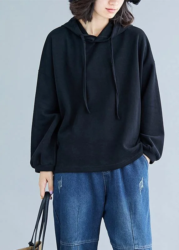 Elegant hooded drawstring cotton black top fall