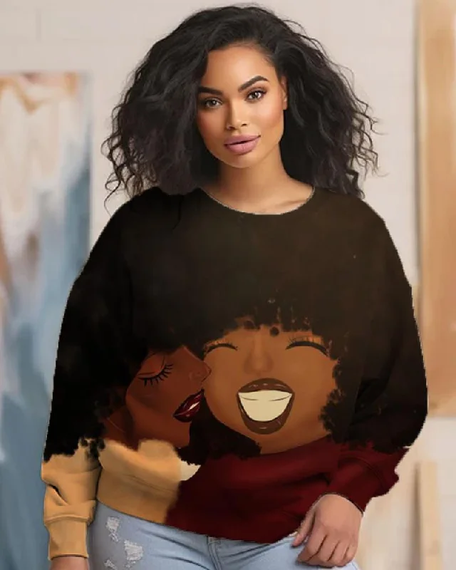 Art Black Afro Girl Cartoon Printed Crew-neck Ladies Printed Top