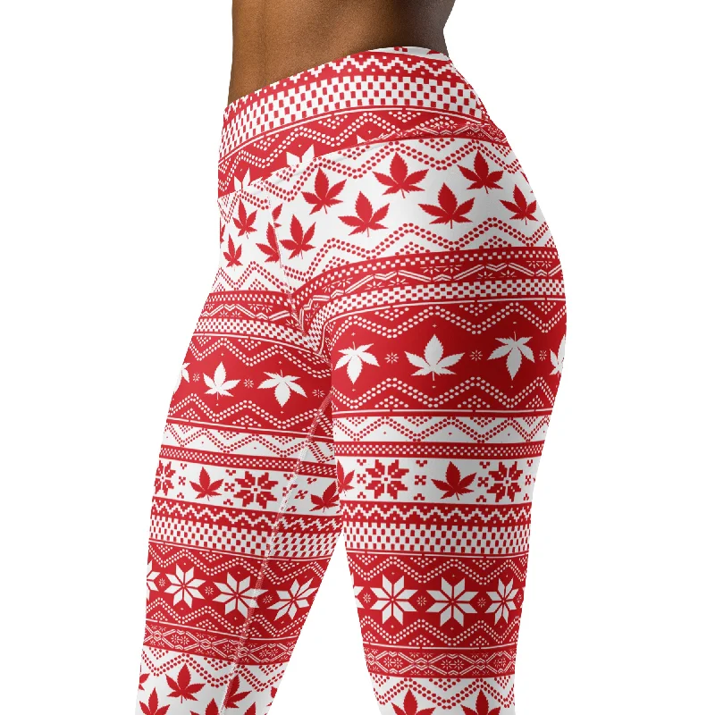 Red And White Christmas Cannabis Yoga Leggings