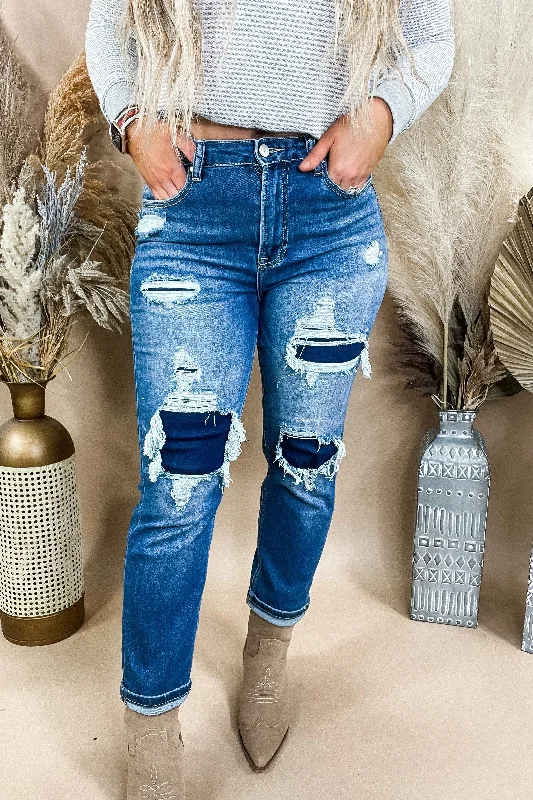 The Mariah's- High Rise Dark Wash Patched Straight Leg Jeans