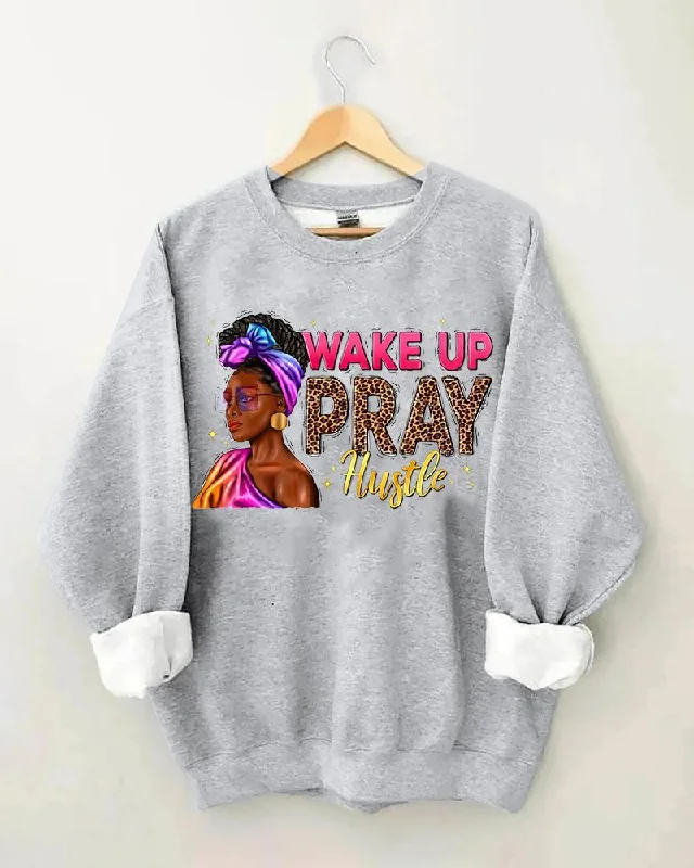 Women's Black Girl Slogan Wake Up Pray Hustle Print Crewneck Sweatshirt