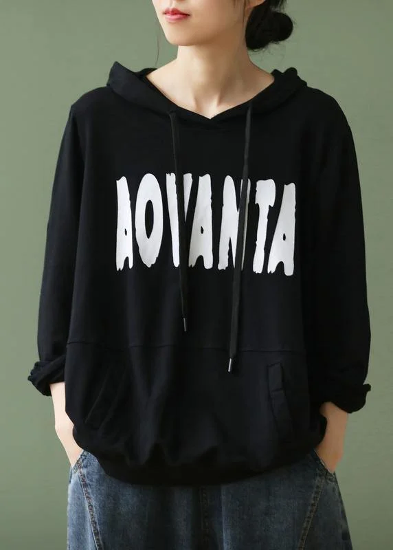 Elegant black Letter crane tops hooded drawstring cotton shirts