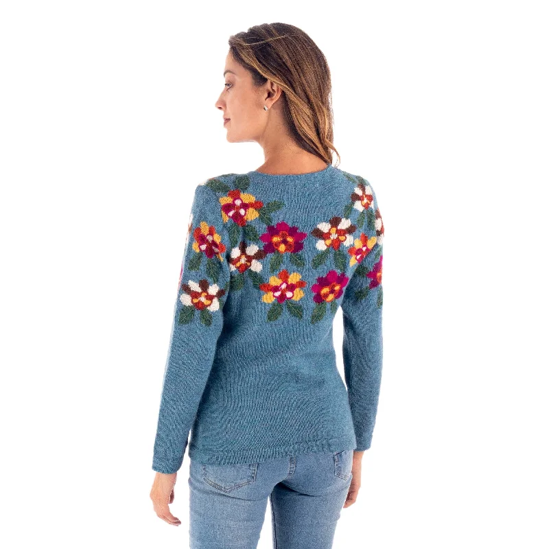 Novica Handmade Turquoise Garden Intarsia Knit Sweater