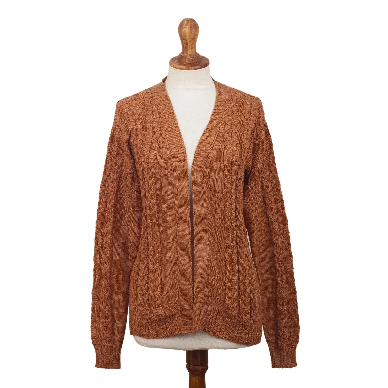 Novica Handmade Ginger Cable Classic Cotton And Recycled Pet Blend Cardigan