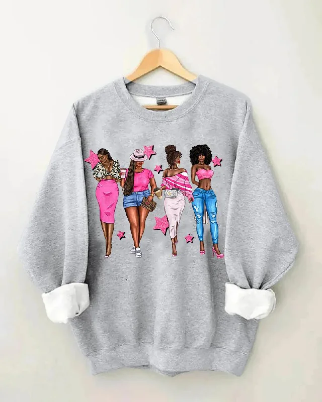 Women's Black Girl Print Crewneck Sweatshirt