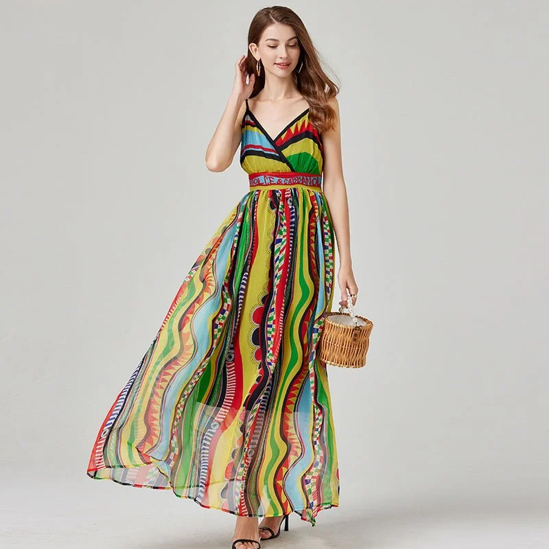 Women's High Waist Dress with Printed Pattern and Elegant Sling Chiffon