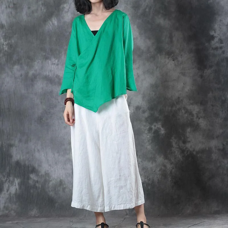 Elegant green midi linen pullover Loose fitting holiday tops vintage half sleeve v neck tie waist brief t shirt