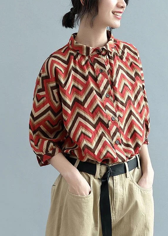 diy Red Print Button Fall Shirt Top Three Quarter Sleeve