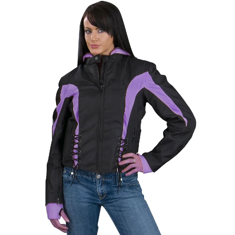 NexGen Ladies SH1906 Black and Purple Textile Racer Jacket with Hoodie