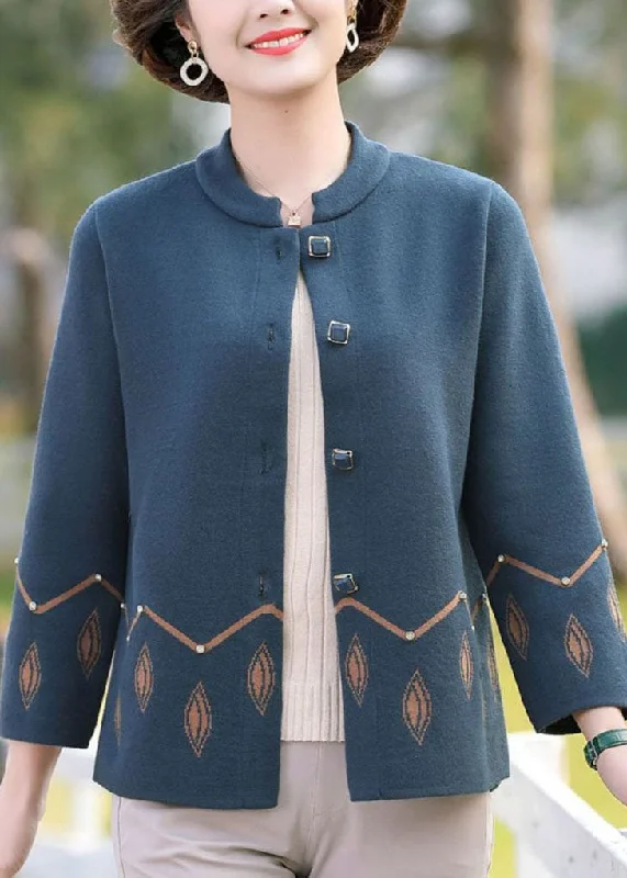 Women Blue O-Neck Pockets Print Woolen Coats Long Sleeve