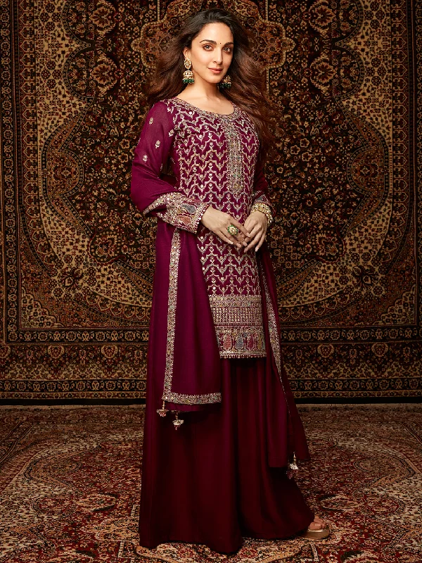 Adaa Wine Embroidered Silk Blend Straight Kurta With Palazzos & Dupatta