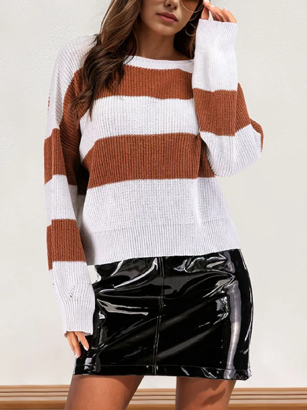 Perfee Color Block Dropped Shoulder Long Sleeve Sweater