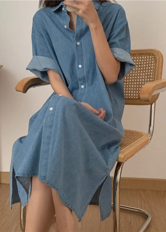 Italian Blue Peter Pan Collar Button Side Open Maxi Denim Dress Short Sleeve