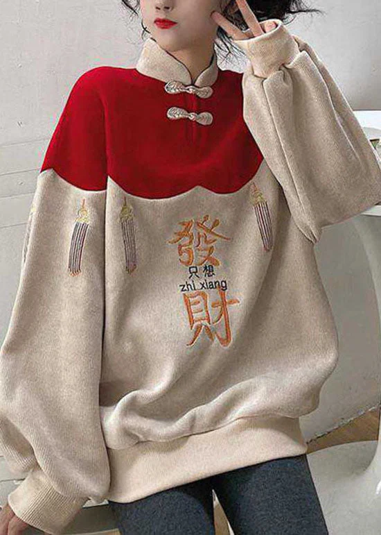 DIY Colorblock Embroideried Patchwork Warm Fleece Sweatshirts Top spring