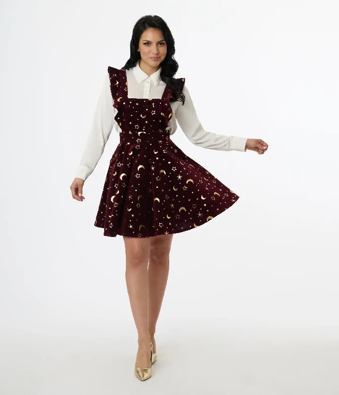 Unique Vintage Burgundy & Gold Moon & Star Corduroy Ruffle Pinafore