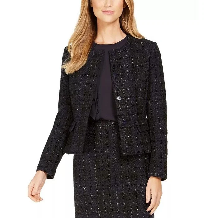 Calvin Klein Women's Metallic Tweed Collarless Blazer Blue Size 10