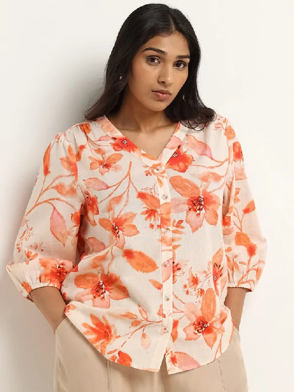 Gia Orange Floral Print Blended Linen Shirt