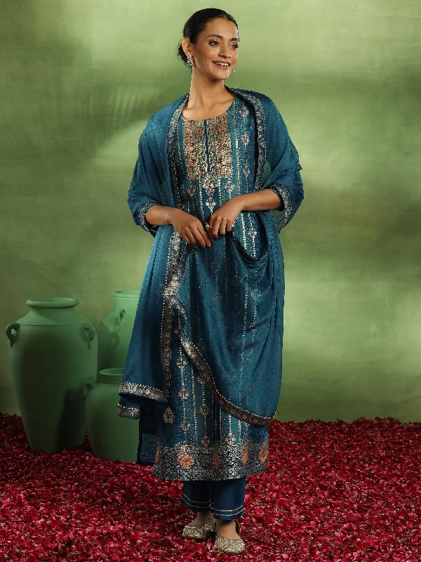 Blue Woven Design Silk Blend Straight Suit With Dupatta