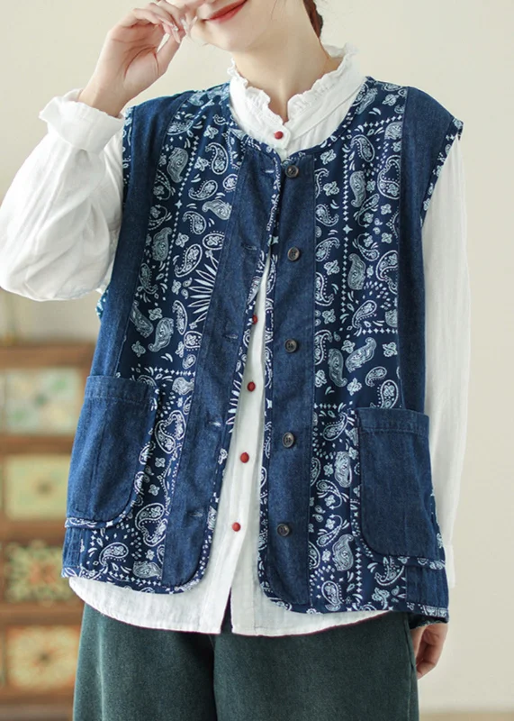 Unique Denim Blue O-Neck Print Pockets Waistcoat Spring