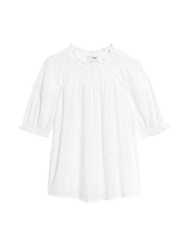 Cotton Blend Crew Neck Smocked Blouse