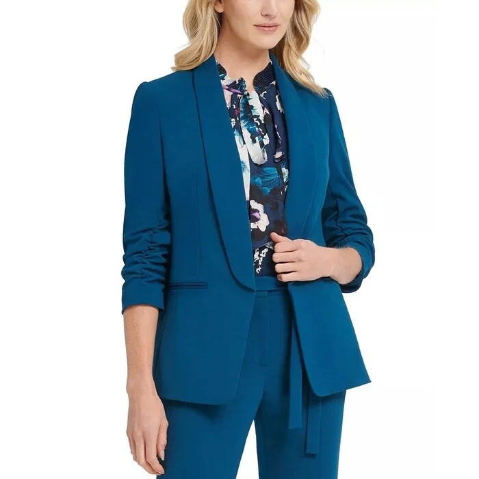 DKNY Women's Ruched Sleeve Open Front Blazer Blue Size 10