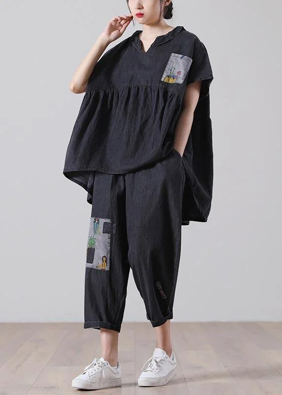 Elegant Black patchwork Pockets Cotton Two Pieces Set Summer