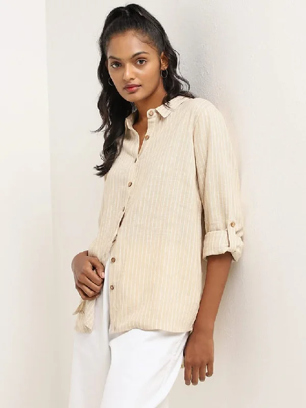 LOV Beige Striped Blended Linen Shirt