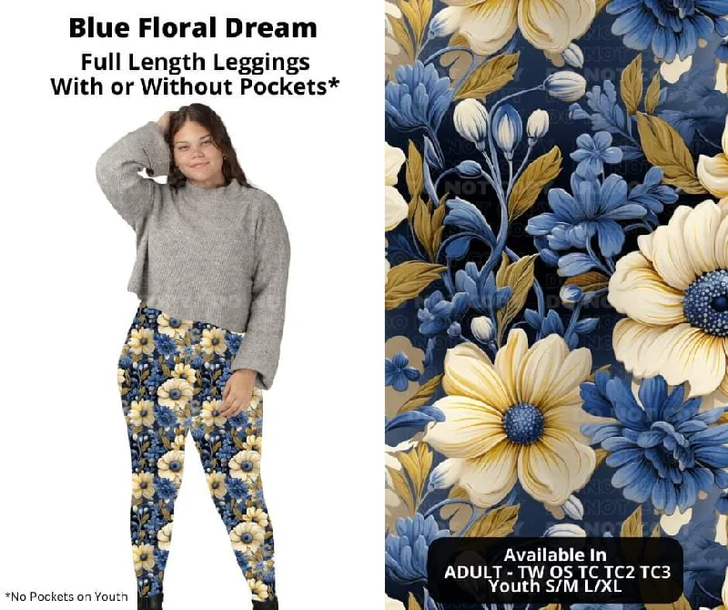 Blue Floral Dream Full Length Leggings w/ Pockets