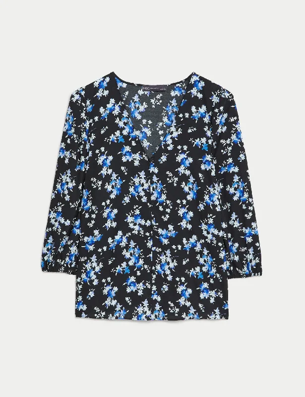 Floral V-Neck Button Through Blouse