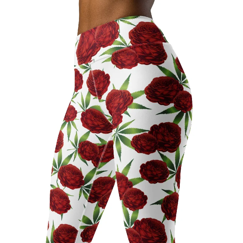 Red Weed Roses White Yoga Leggings