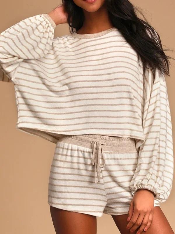 Casual Loose Striped Round Neck Two-piece Suit