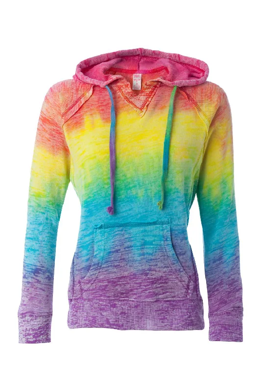 MV Sport Womens Courtney Burnout V-Notch Hooded Sweatshirt Hoodie w/ Pouch Pocket - Rainbow Stripe