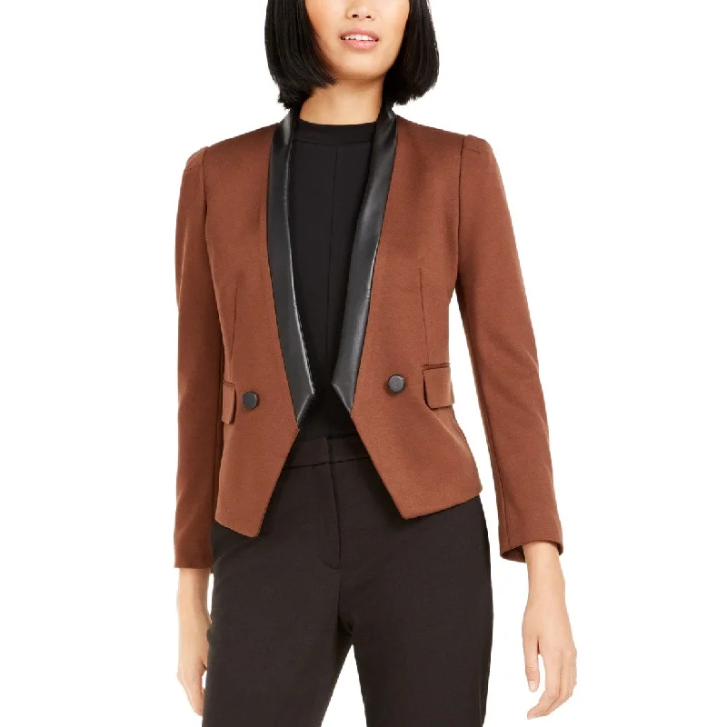 Bar III Women's Faux-Leather-Trim Blazer Brown Size 2