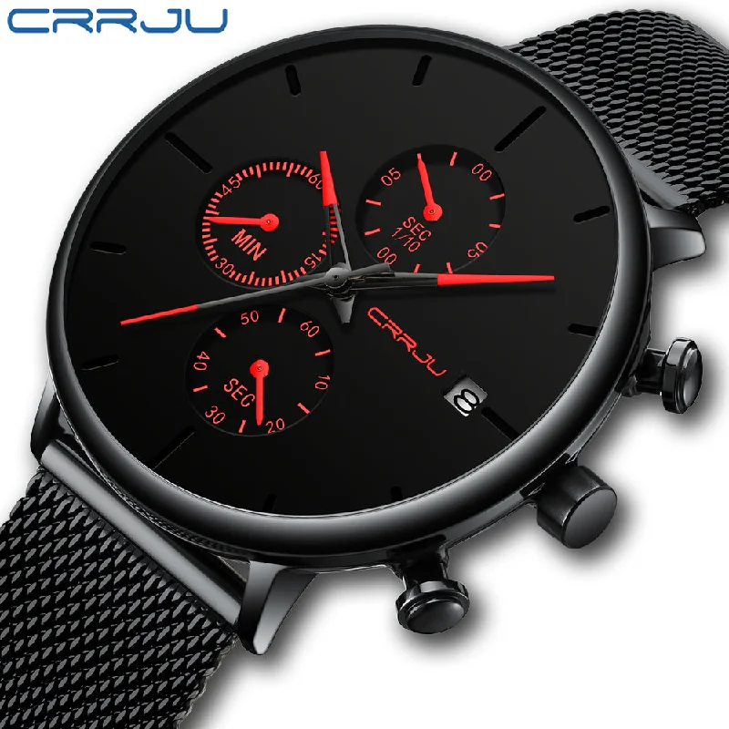 Mens StopWatches CRRJU Unique Design Luxury Sport Steel Mesh Strap Men's Fashion Casual Watches