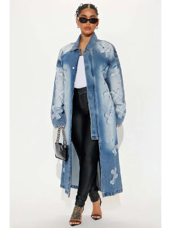 Cross Embroidery Denim Lapel Trench Coat