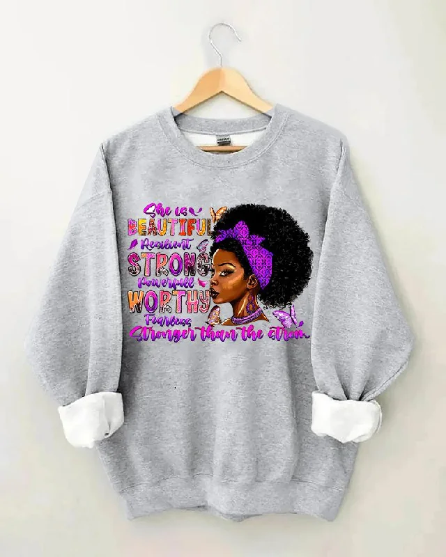 Women's Black Girl Slogan She Is Beautiful Resieient Strong Powerful Worthy Fearness Stronger Than The Storm Print Crewneck Sweatshirt