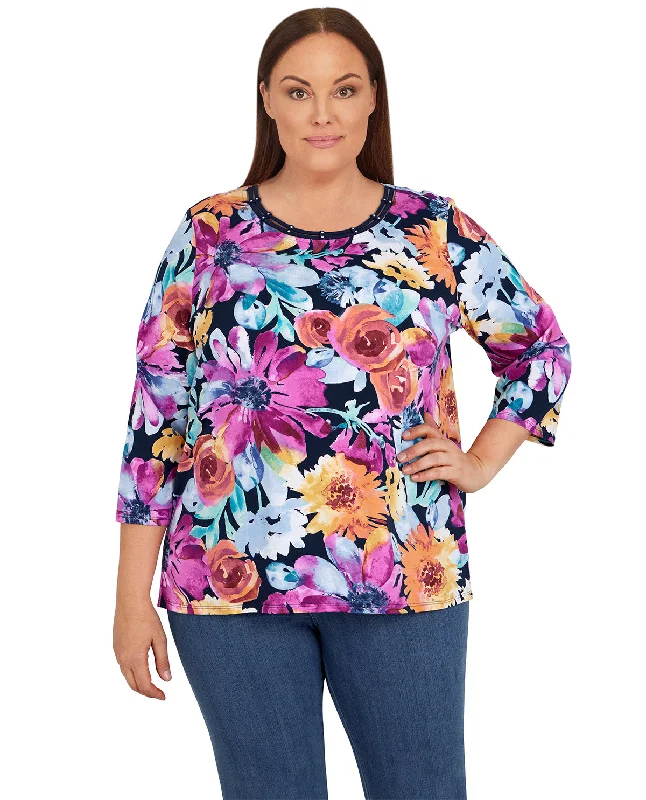 Alfred Dunner Plus 3/4 Sleeve Floral Knit Top