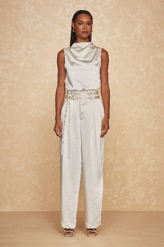 Kora Double Belted Satin Pant - Pearl