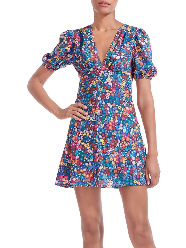 Womens Floral Print V Neck Mini Dress